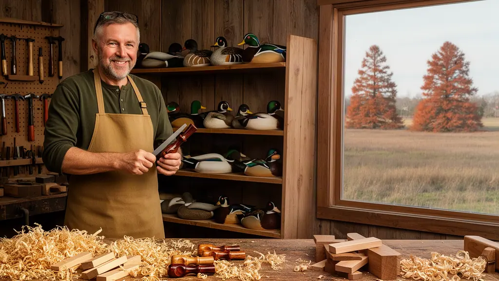 A smiling duck-call maker shaping a walnut call at a workbench, shelves of carved decoys and Delta fields outside.